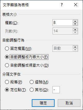 Word文字轉換為表格